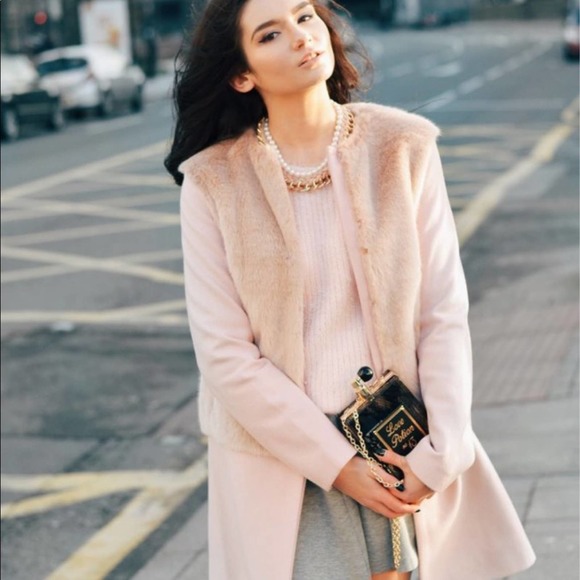 Zara pink wool peacoat faux fur S blogger fave Small - Picture 3 of 14
